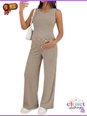 Maternity Striped Sleeveless 2 Piece Pant Set Drawstring Waist